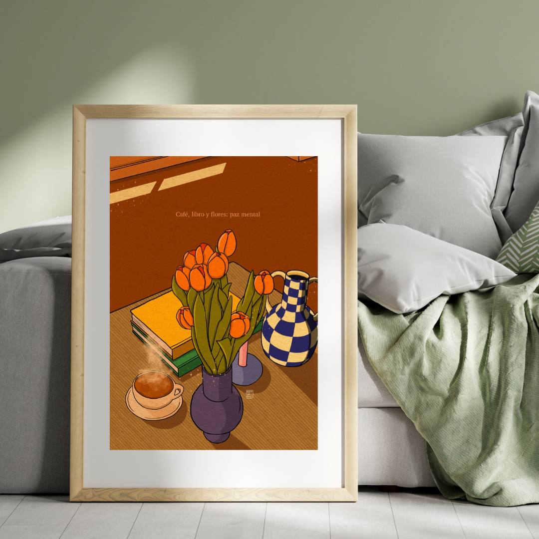Café, libros y flores Print