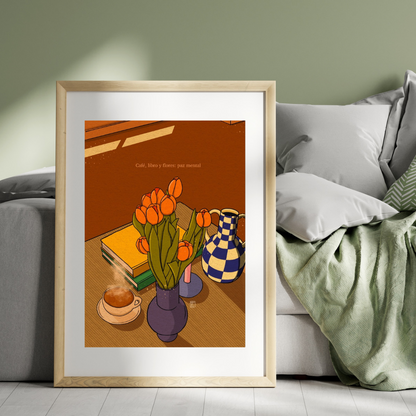 Café, libros y flores Print
